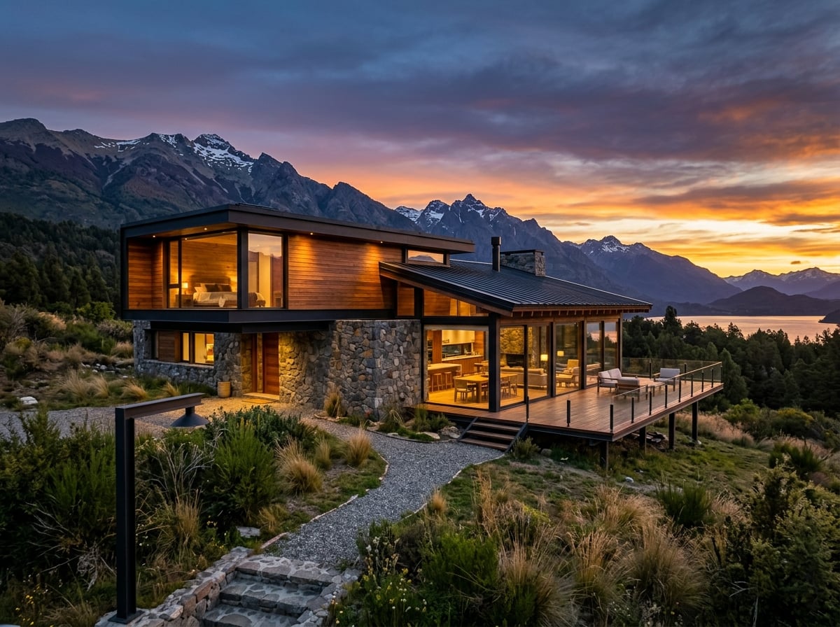 Casa moderna de construcción en seco con iluminación cálida al atardecer